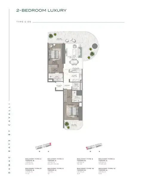 Plattegrond van 2 slaapkamers in Damac Bay 2