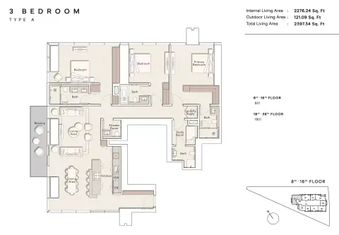 Plattegrond van 3 slaapkamers in One River Point