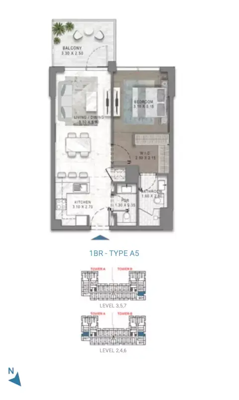 Plattegrond van 1 slaapkamer in Damac Riverside Views