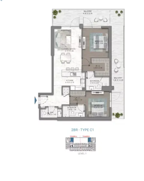 Plattegrond van 2 slaapkamers in Damac Riverside Views