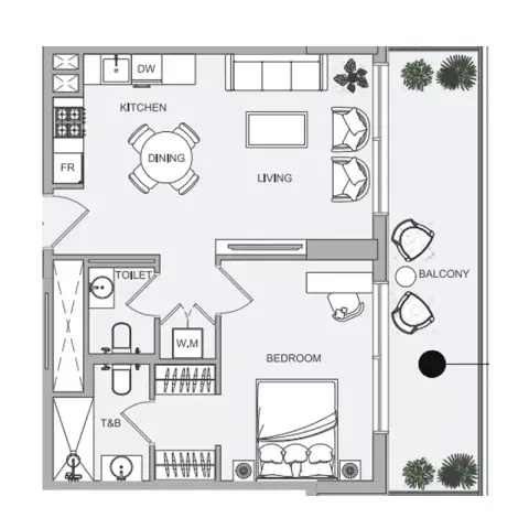 Plattegrond van 1 slaapkamer in ELAR1S Sky