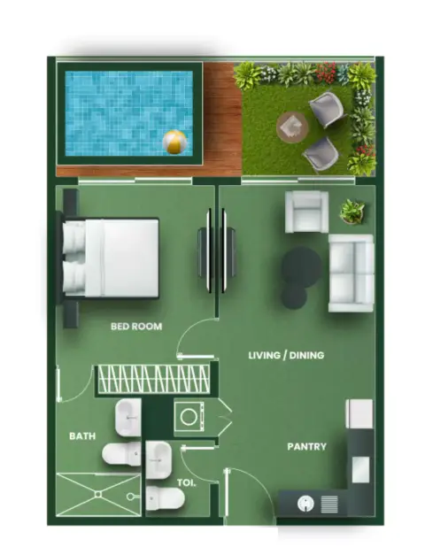 Plattegrond van 1 slaapkamer in Vincitore Aqua Flora
