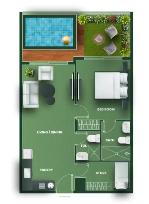 Plattegrond van 2 slaapkamers in Vincitore Aqua Flora