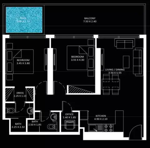 Plattegrond van 2 slaapkamers in Diamondz