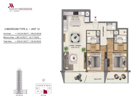 Plattegrond van 2 slaapkamers in Marriott Residences By Saba