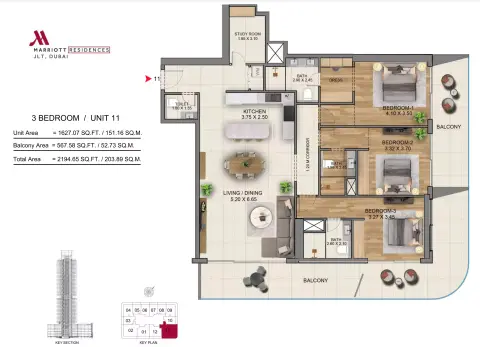 Plattegrond van 3 slaapkamers in Marriott Residences By Saba