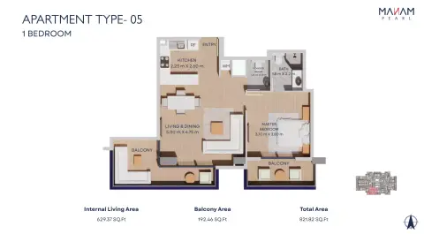 Plattegrond van 1 slaapkamer in Manam Pearl