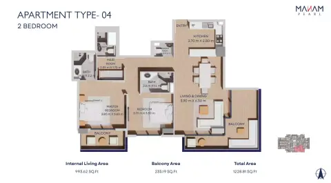 Plattegrond van 2 slaapkamers in Manam Pearl