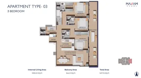 Plattegrond van 3 slaapkamers in Manam Pearl