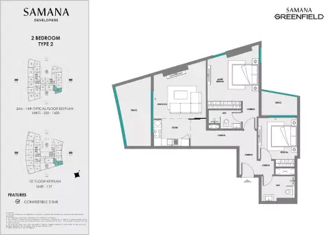 Plattegrond van 2 slaapkamers in Greenfield by Samana