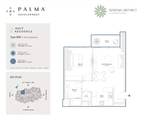 Plattegrond van 1 slaapkamer in The West Residence at Serenia District