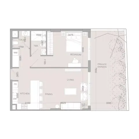 Plattegrond van 1 slaapkamer in IR1DIAN Park Phase 2 By object 1