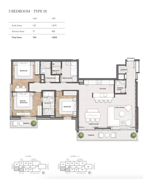 Plattegrond van 3 slaapkamers in Residences Du Port Autograph Collection