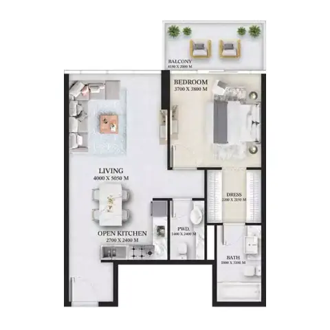 Plattegrond van 1 slaapkamer in Wellington Ocean