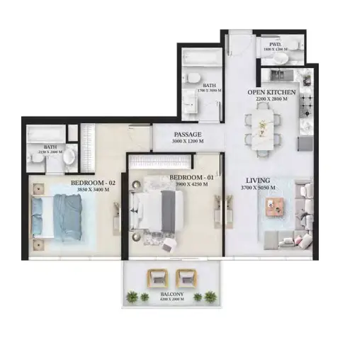 Plattegrond van 2 slaapkamers in Wellington Ocean