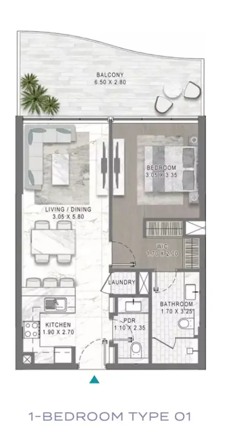 Plattegrond van 1 slaapkamer in Damac Lagoons Views Phase 3