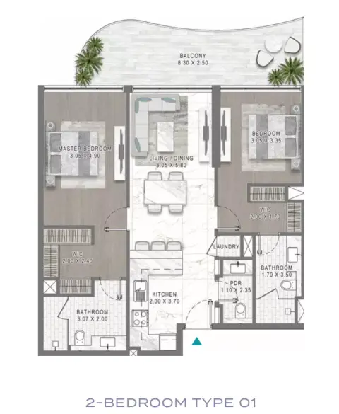 Plattegrond van 2 slaapkamers in Damac Lagoons Views Phase 3