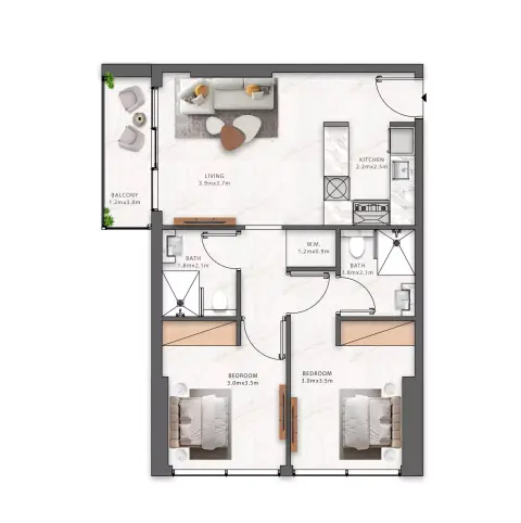 Plattegrond van 2 slaapkamers in Maison Elysee Phase 3 By Pantheon