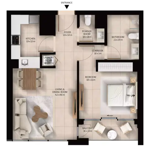 Plattegrond van 1 slaapkamer in Altura