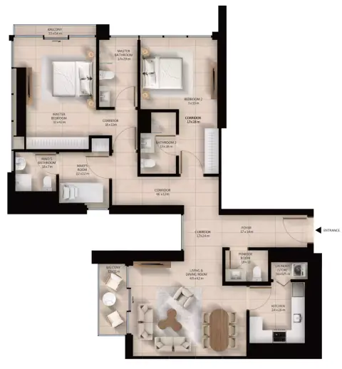 Plattegrond van 2 slaapkamers in Altura