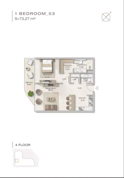 Plattegrond van 1 slaapkamer in Zephyra