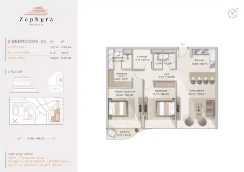 Plattegrond van 2 slaapkamers in Zephyra