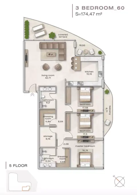 Plattegrond van 3 slaapkamers in Zephyra