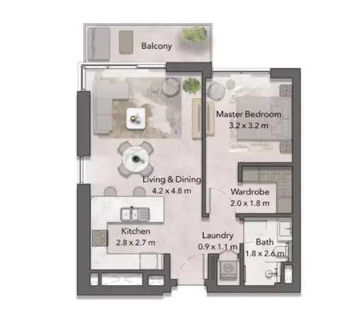 Plattegrond van 1 slaapkamer in Cilia At Ghaf Woods