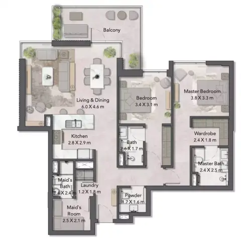 Plattegrond van 2 slaapkamers in Cilia At Ghaf Woods