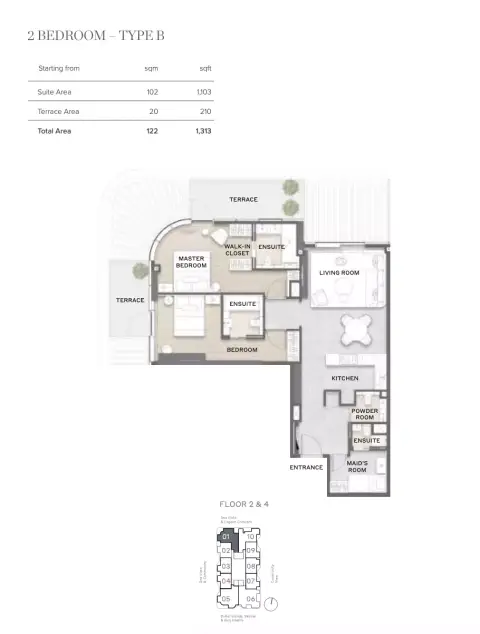Plattegrond van 2 slaapkamers in Avida Residences