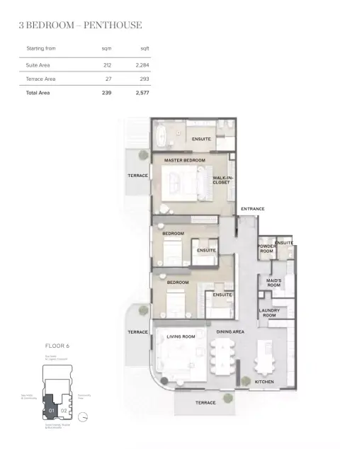 Plattegrond van 3 slaapkamers in Avida Residences
