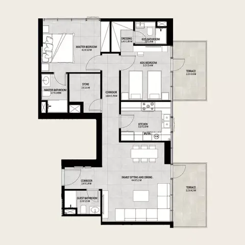Plattegrond van 3 slaapkamers in Future Residence