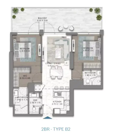 Plattegrond van 2 slaapkamers in Damac Riverside Views