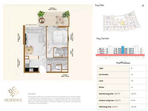 Plattegrond van 1 slaapkamer in RR Residence