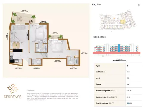 Plattegrond van 2 slaapkamers in RR Residence