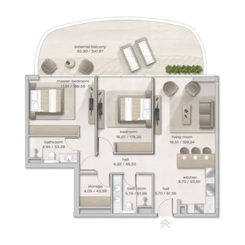Plattegrond van 2 slaapkamers in Zephyra Residences 2 by Arsenal East