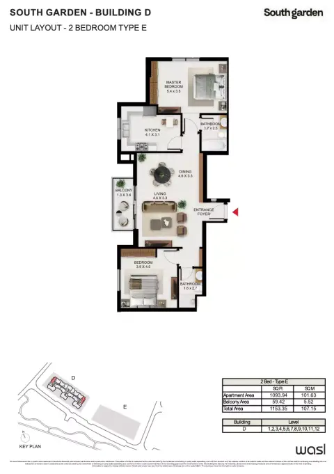 Plattegrond van 2 slaapkamers in South Garden D