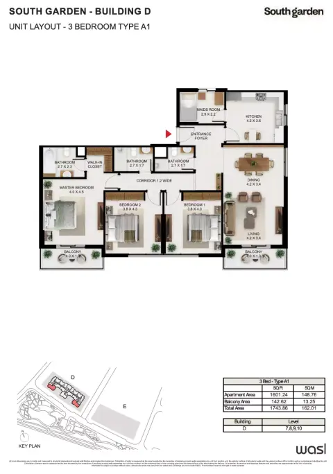 Plattegrond van 3 slaapkamers in South Garden D
