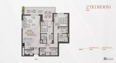 Plattegrond van 2 slaapkamers in Lacina By Majid Al Futtaim