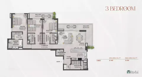Plattegrond van 3 slaapkamers in Lacina By Majid Al Futtaim