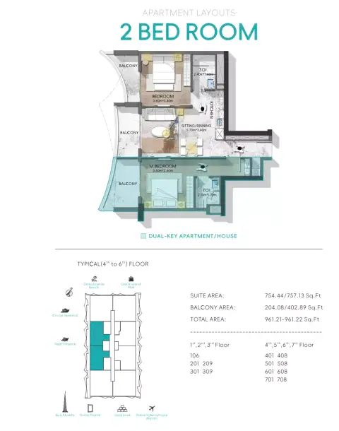 Plattegrond van 2 slaapkamers in Nautis Residences