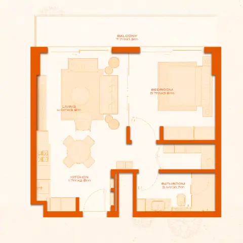 Plattegrond van 1 slaapkamer in Avenew 888