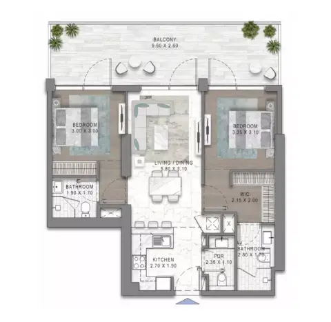 Plattegrond van 2 slaapkamers in Riverside Views Marine
