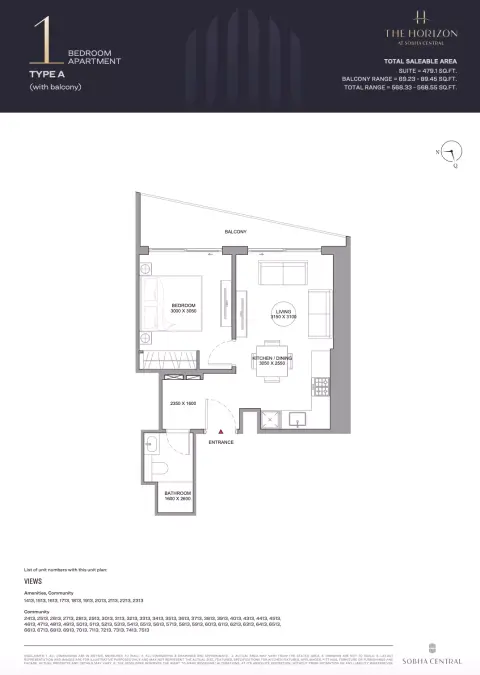 Plattegrond van 1 slaapkamer in Sobha Central