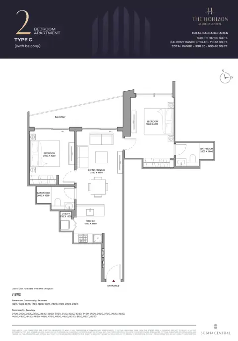 Plattegrond van 2 slaapkamers in Sobha Central