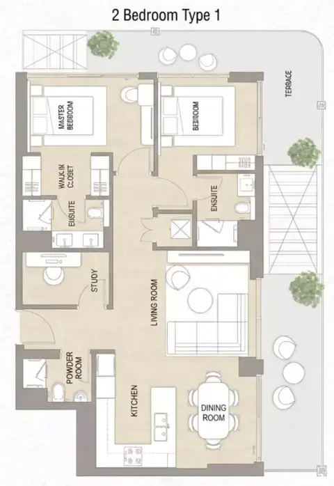 Plattegrond van 2 slaapkamers in Soma Residence