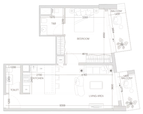 Plattegrond van 1 slaapkamer in W1nner Tower