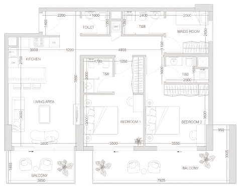 Plattegrond van 2 slaapkamers in W1nner Tower