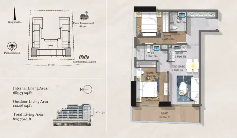 Plattegrond van 2 slaapkamers in Andi Aura
