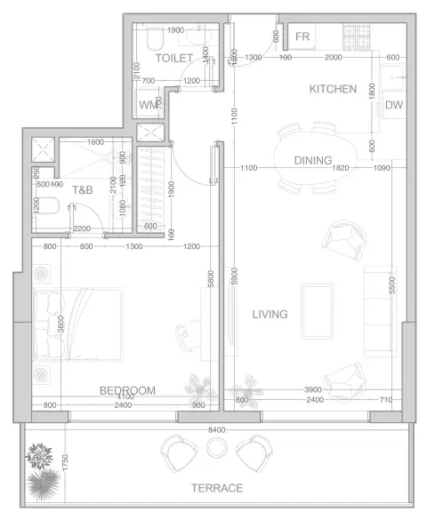 Plattegrond van 1 slaapkamer in V1VID Tower